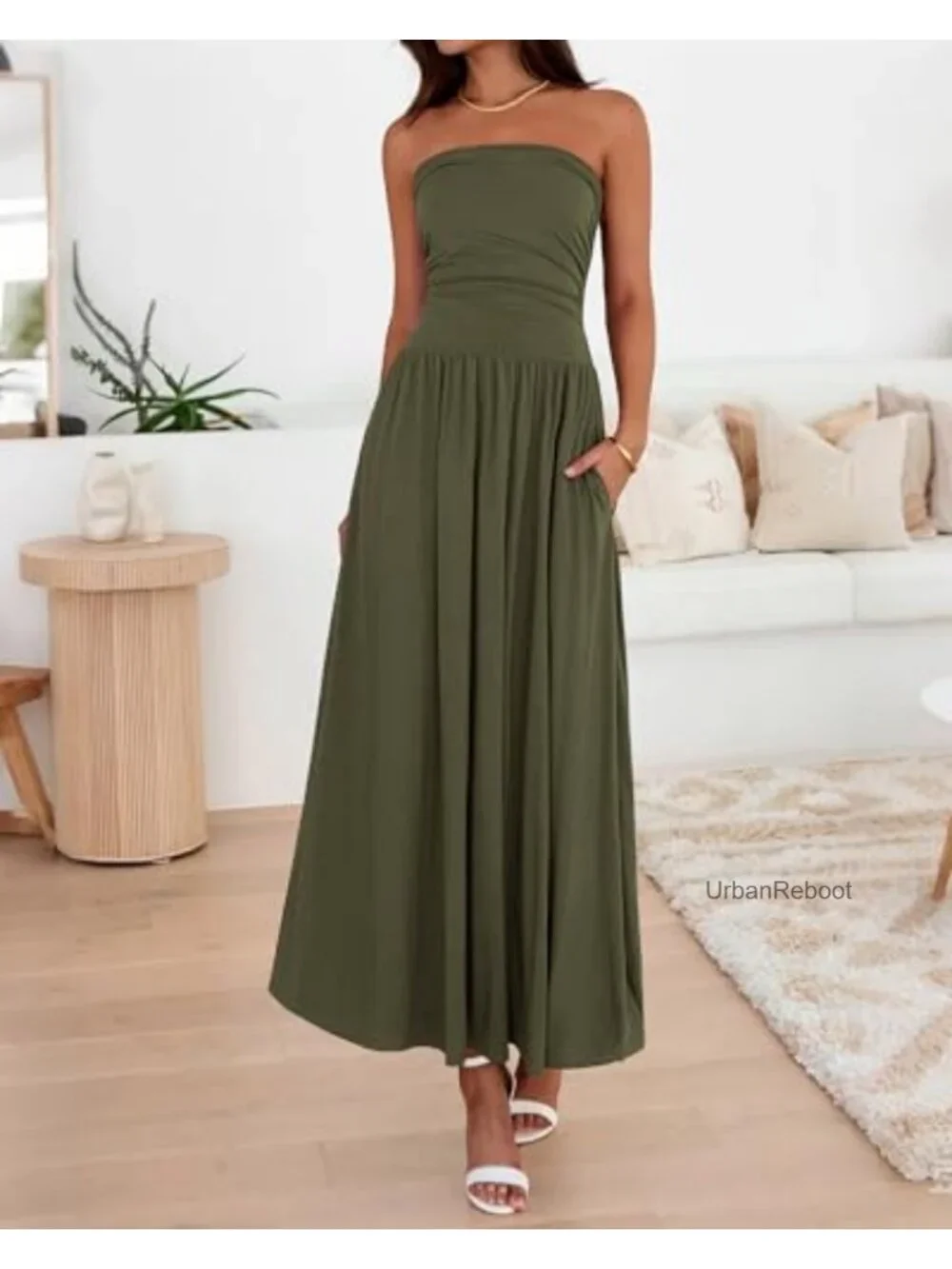 Strapless Tube Top Maxi Dress Ruched Side Pockets Viscose